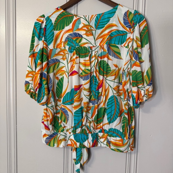 Rose Olive Top Womens Small Floral Flowy Rayon Tie Front Button Blouse Shirt - Picture 14 of 14